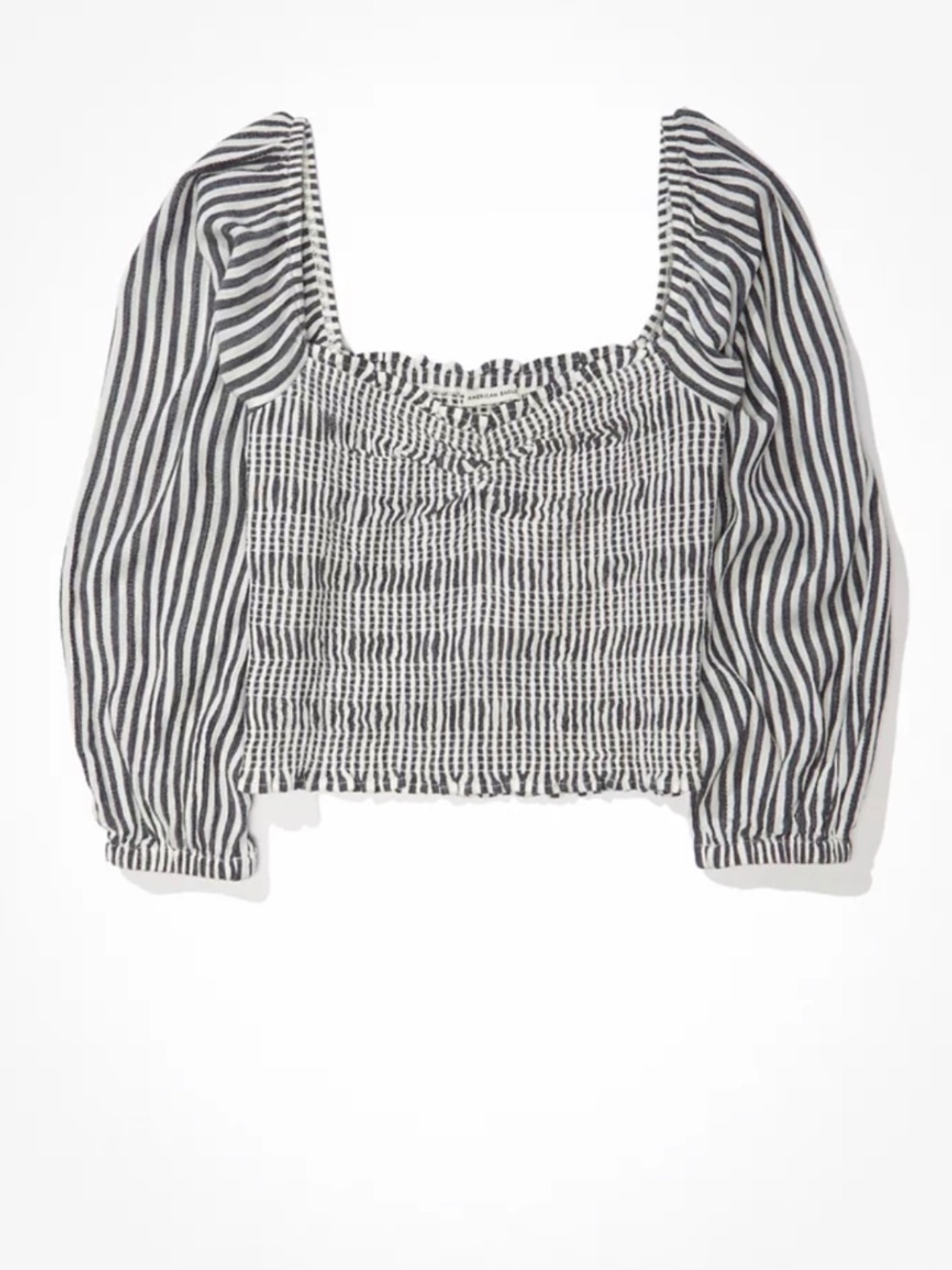 American Eagle Striped Smocked Long Sleeve Crop Top L